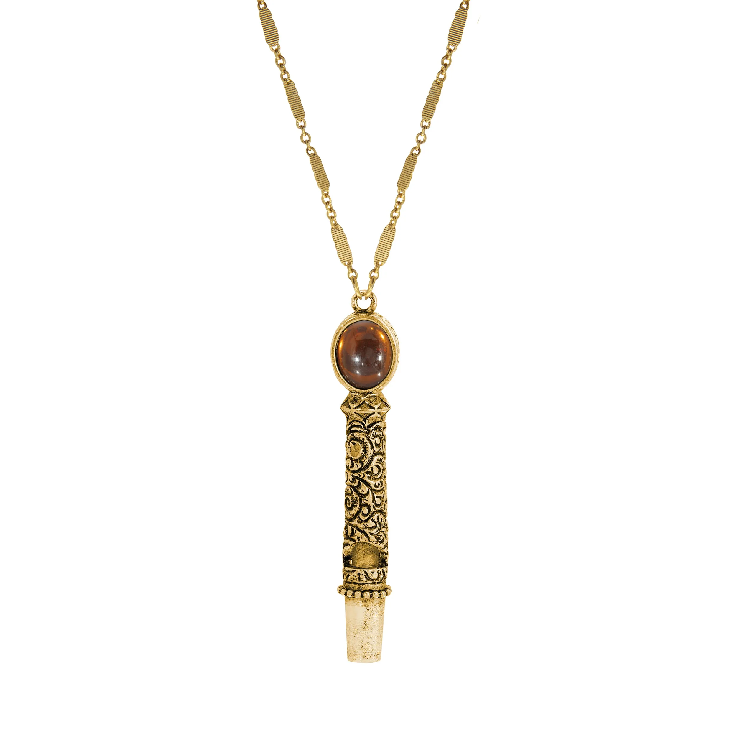 1928 Jewelry Oval Stone Etched Gold Whistle Pendant Necklace 28" 1928 Jewelry