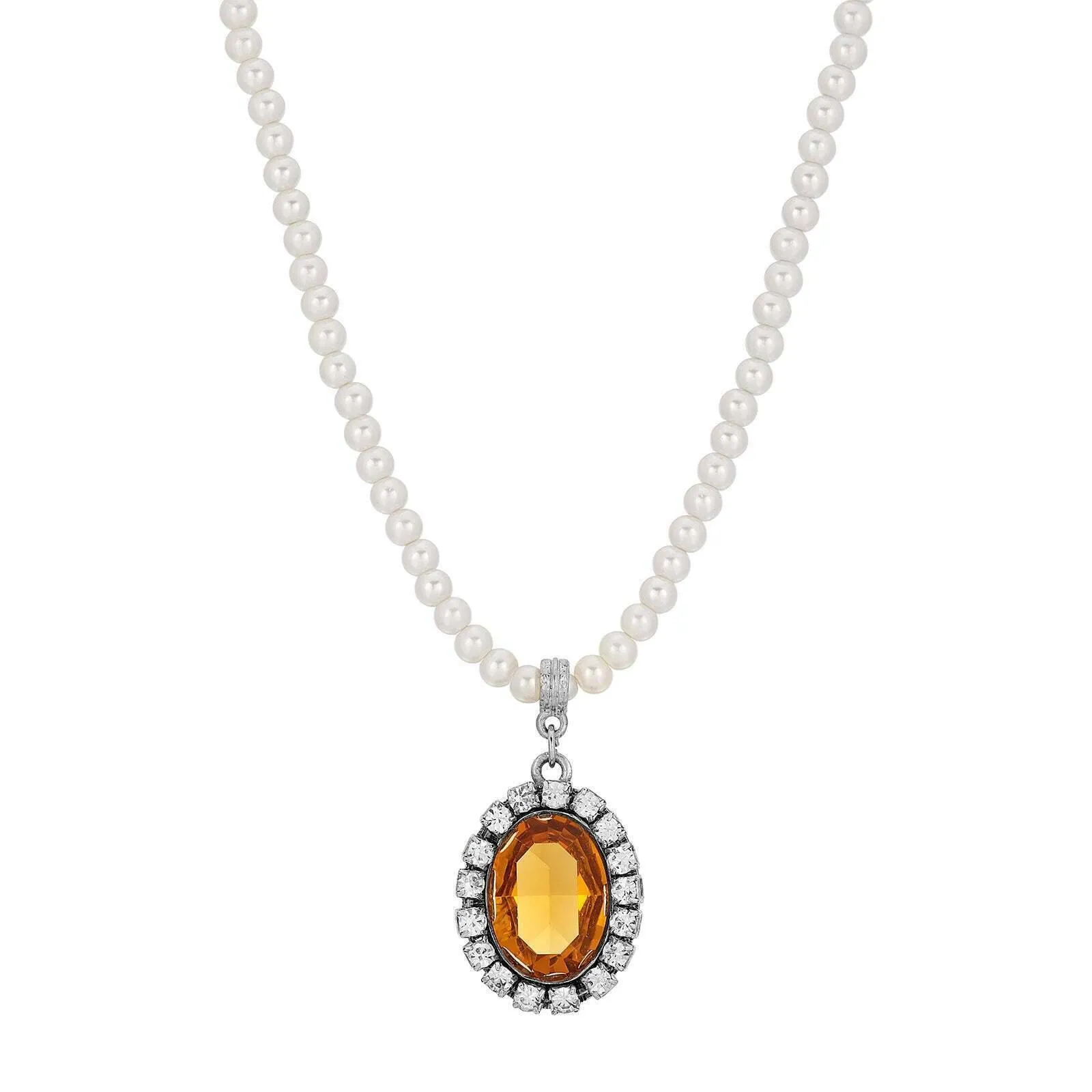 1928 Jewelry Oval Vivid Austrian Crystal Pendant 4mm Faux Pearl Strand Necklace 15"   3" Extender 1928 Jewelry