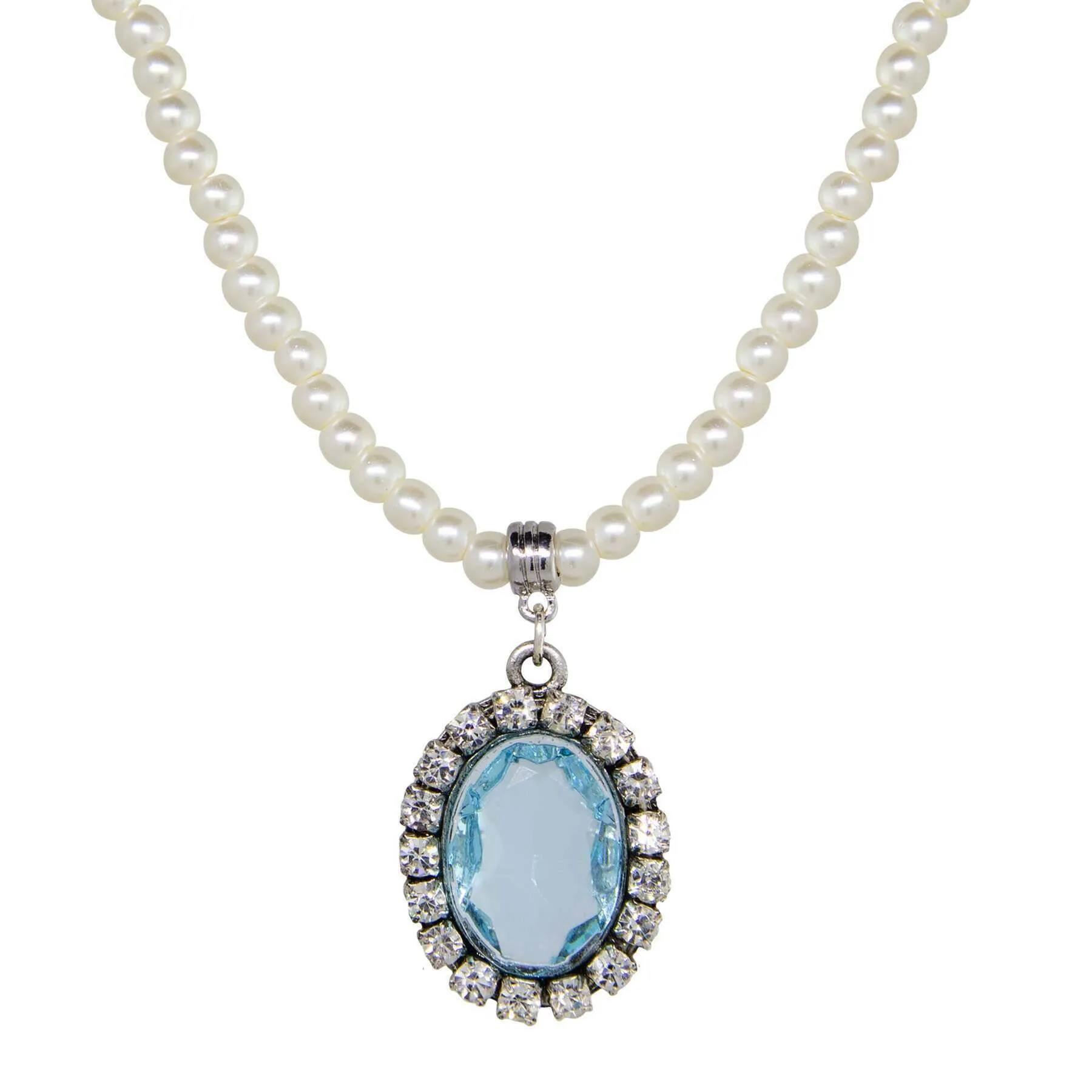 1928 Jewelry Oval Vivid Austrian Crystal Pendant 4mm Faux Pearl Strand Necklace 15"   3" Extender 1928 Jewelry