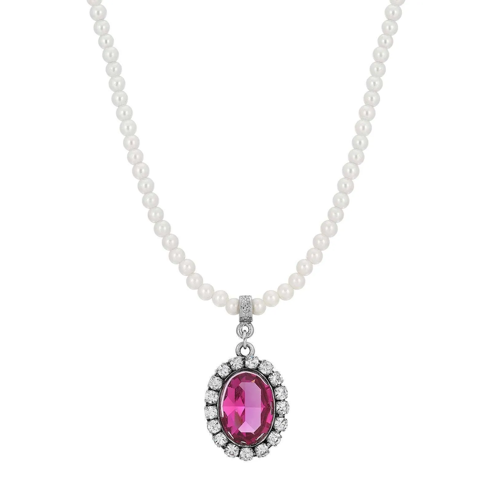 1928 Jewelry Oval Vivid Austrian Crystal Pendant 4mm Faux Pearl Strand Necklace 15"   3" Extender 1928 Jewelry