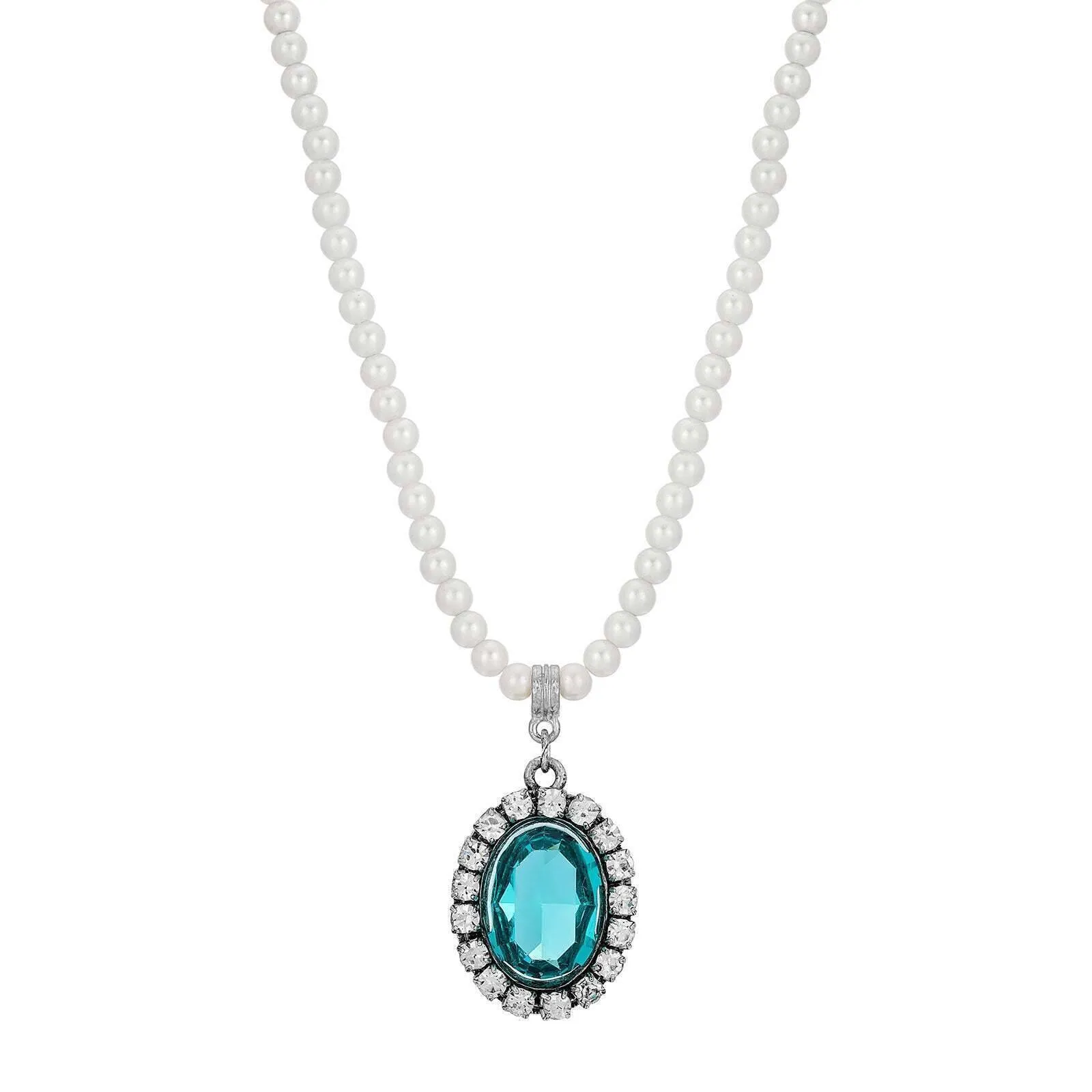 1928 Jewelry Oval Vivid Austrian Crystal Pendant 4mm Faux Pearl Strand Necklace 15"   3" Extender 1928 Jewelry