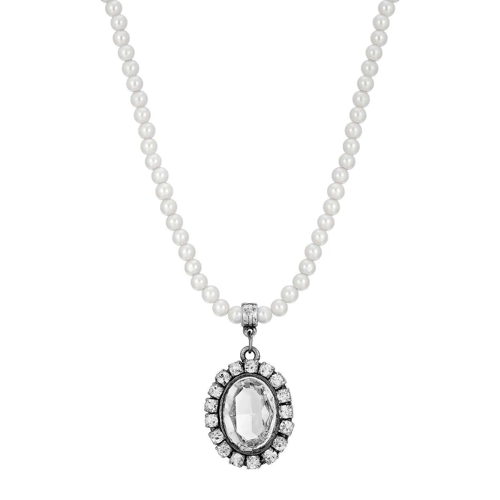 1928 Jewelry Oval Vivid Austrian Crystal Pendant 4mm Faux Pearl Strand Necklace 15"   3" Extender 1928 Jewelry