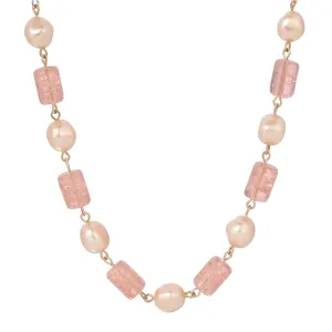 1928 Jewelry Peach Cracked Glass & Baroque Champagne Faux Pearl Necklace 15"   3" Extension 1928 Jewelry