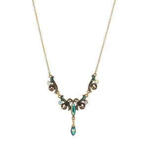1928 Jewelry Peacock Plumage Art Nouveau Style Multi AB Glass Stone Drop Pendant Necklace 16"   3" Extender 1928 Jewelry