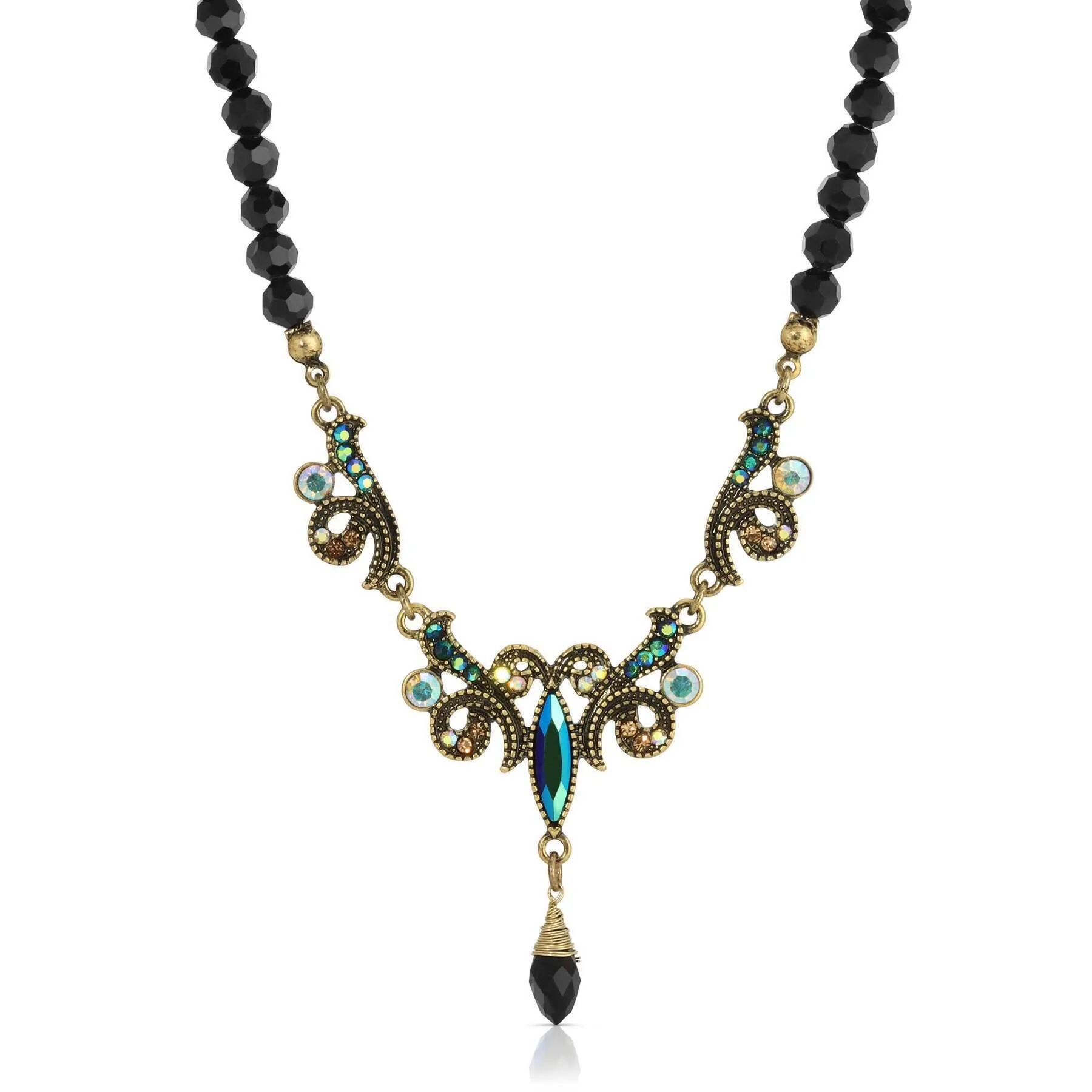 1928 Jewelry Peacock Plumage Black Beaded Art Nouveau Style Multi AB Glass Stone Drop Pendant Necklace 16"   3" Extender 1928 Jewelry