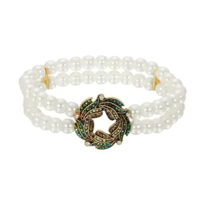 1928 Jewelry Peacock Plumage Blue Iridescent AB White Faux Pearl Wreath Bracelet 1928 Jewelry