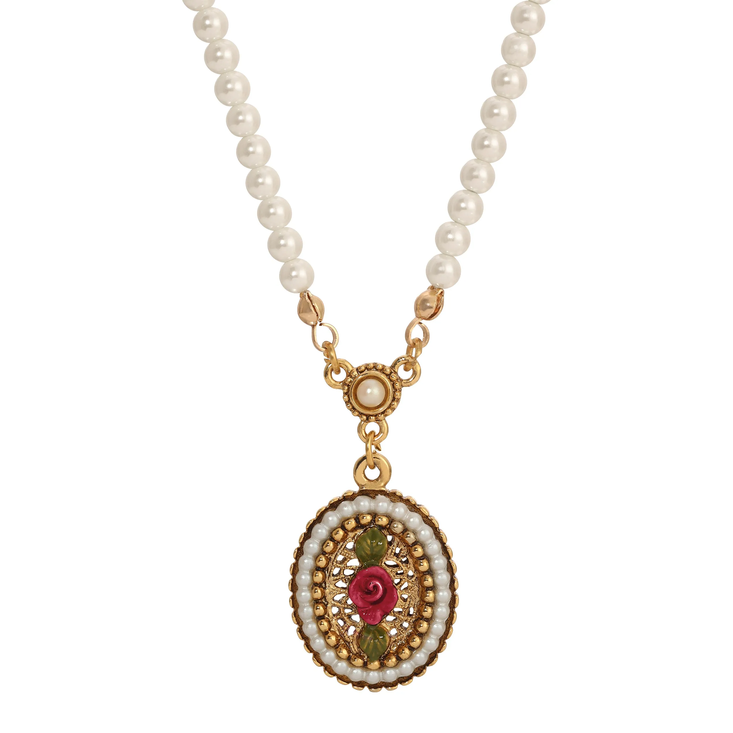 1928 Jewelry Pearly Eden 4mm Faux Pearl Strand Rose Enamel Pendant Necklace 14"   3" Extender 1928 Jewelry