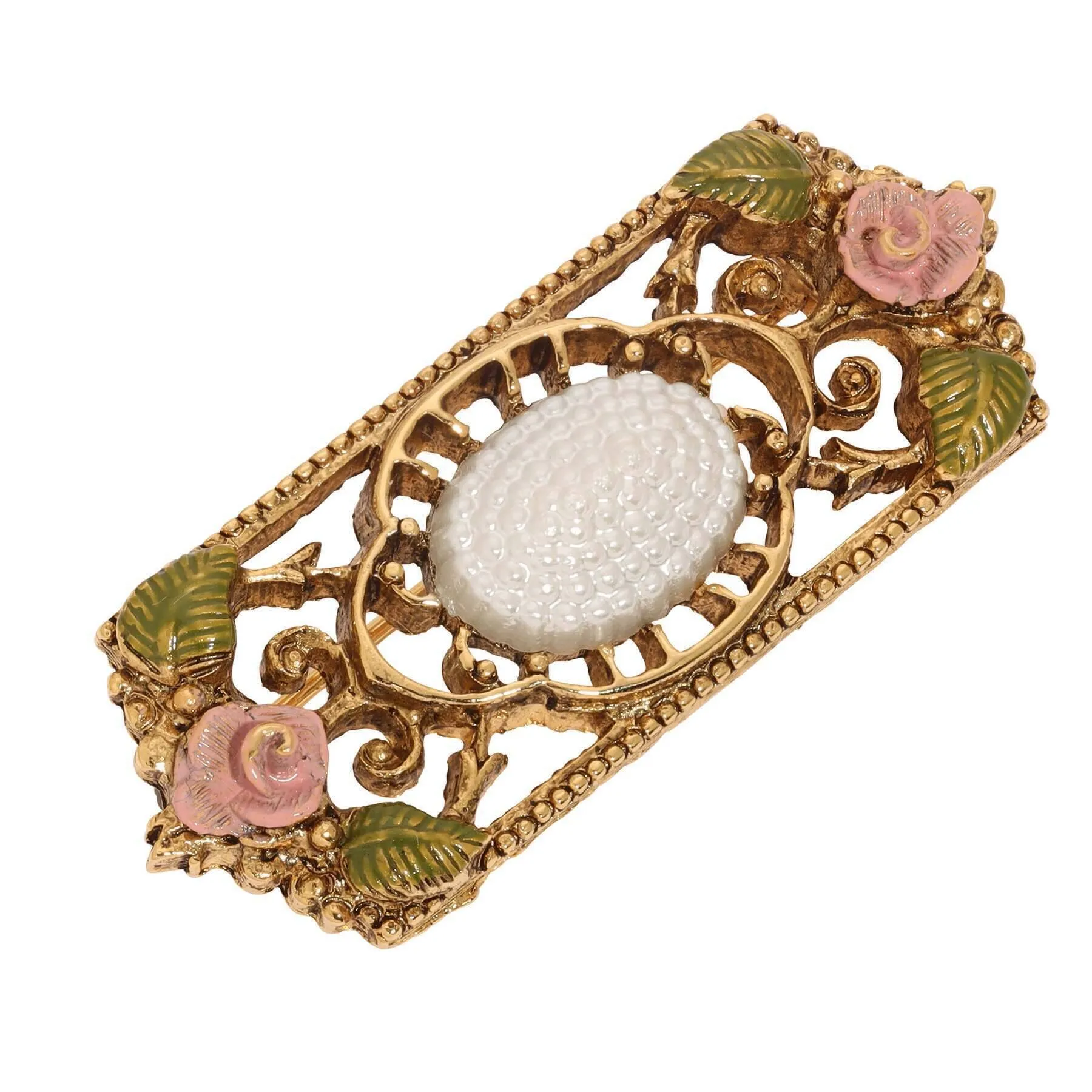 1928 Jewelry Pearly Eden Rose Enamel Faux Pearl Filigree Brooch 1928 Jewelry