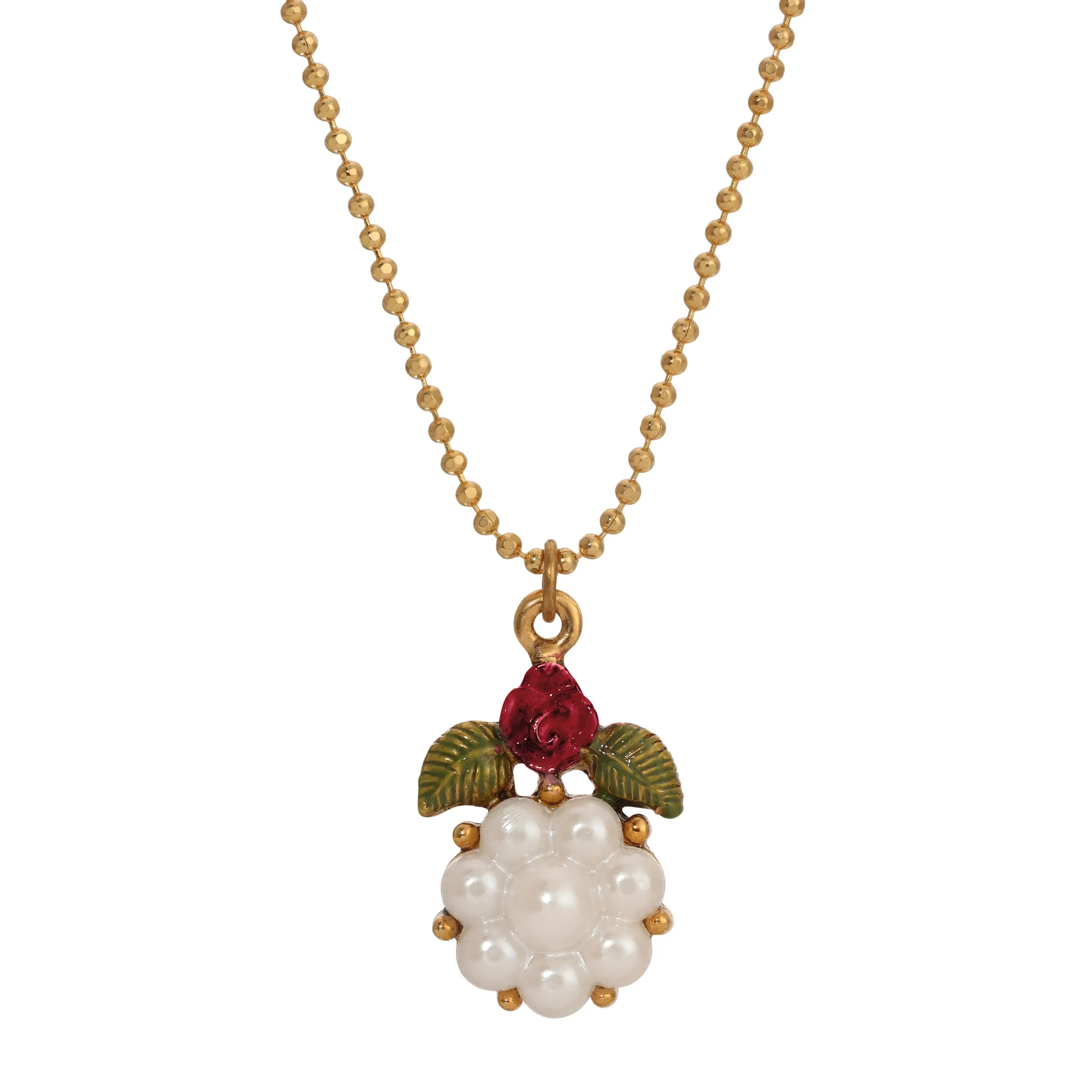 1928 Jewelry Pearly Eden Rose Enamel Faux Pearl Flower Pendant Necklace 16" 1928 Jewelry