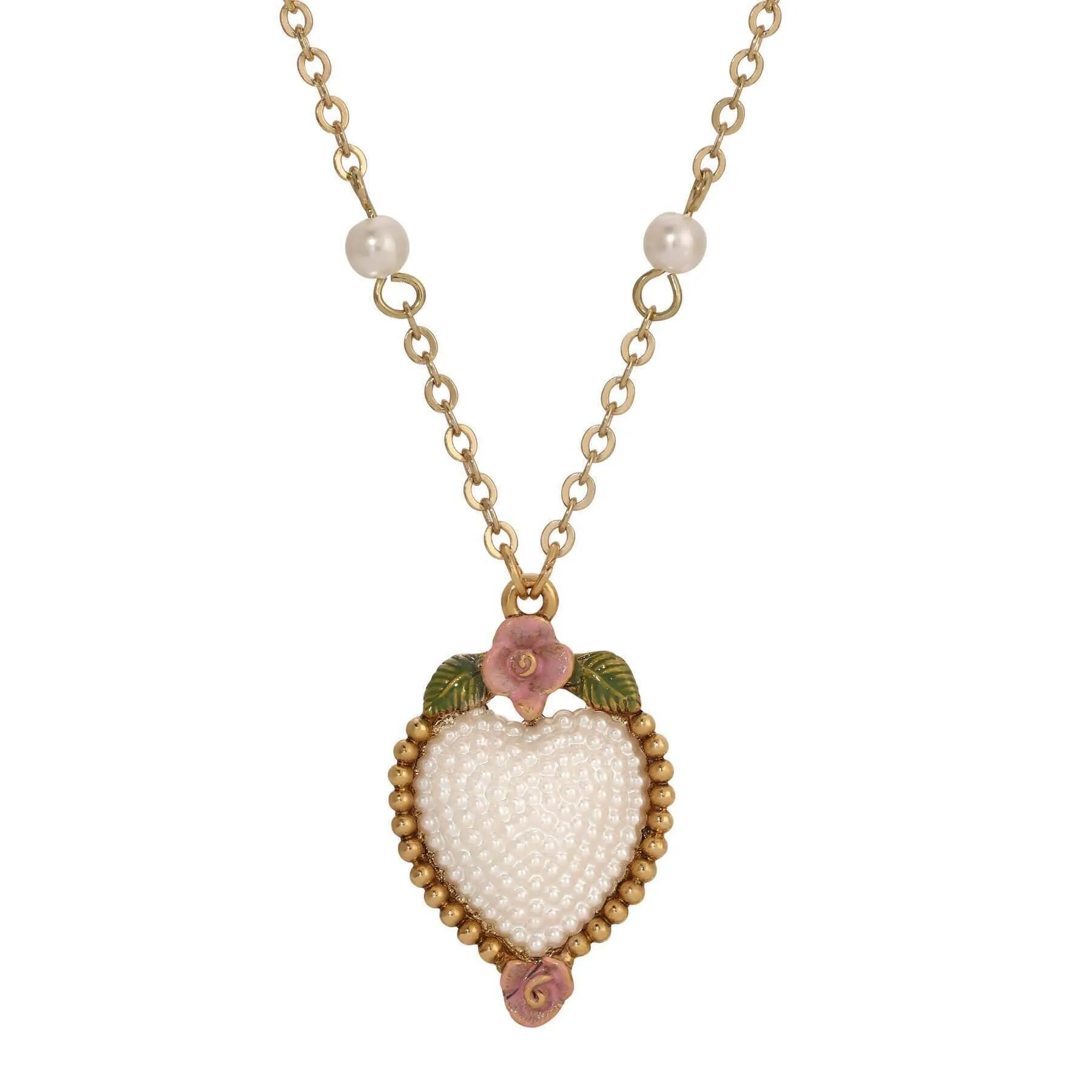 1928 Jewelry Pearly Eden Rose Enamel Faux Pearl Heart Pendant Necklace 16"   3" Extender 1928 Jewelry
