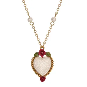 1928 Jewelry Pearly Eden Rose Enamel Faux Pearl Heart Pendant Necklace 16"   3" Extender 1928 Jewelry