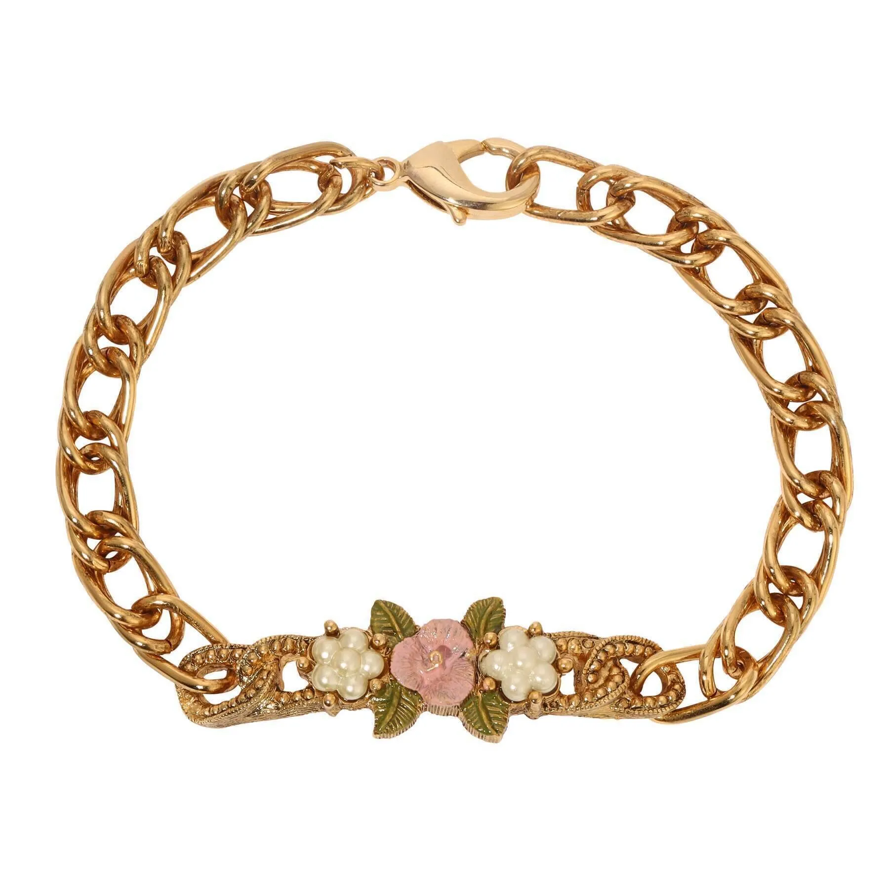 1928 Jewelry Pearly Eden Rose Enamel Faux Pearl Link Chain Bracelet 1928 Jewelry
