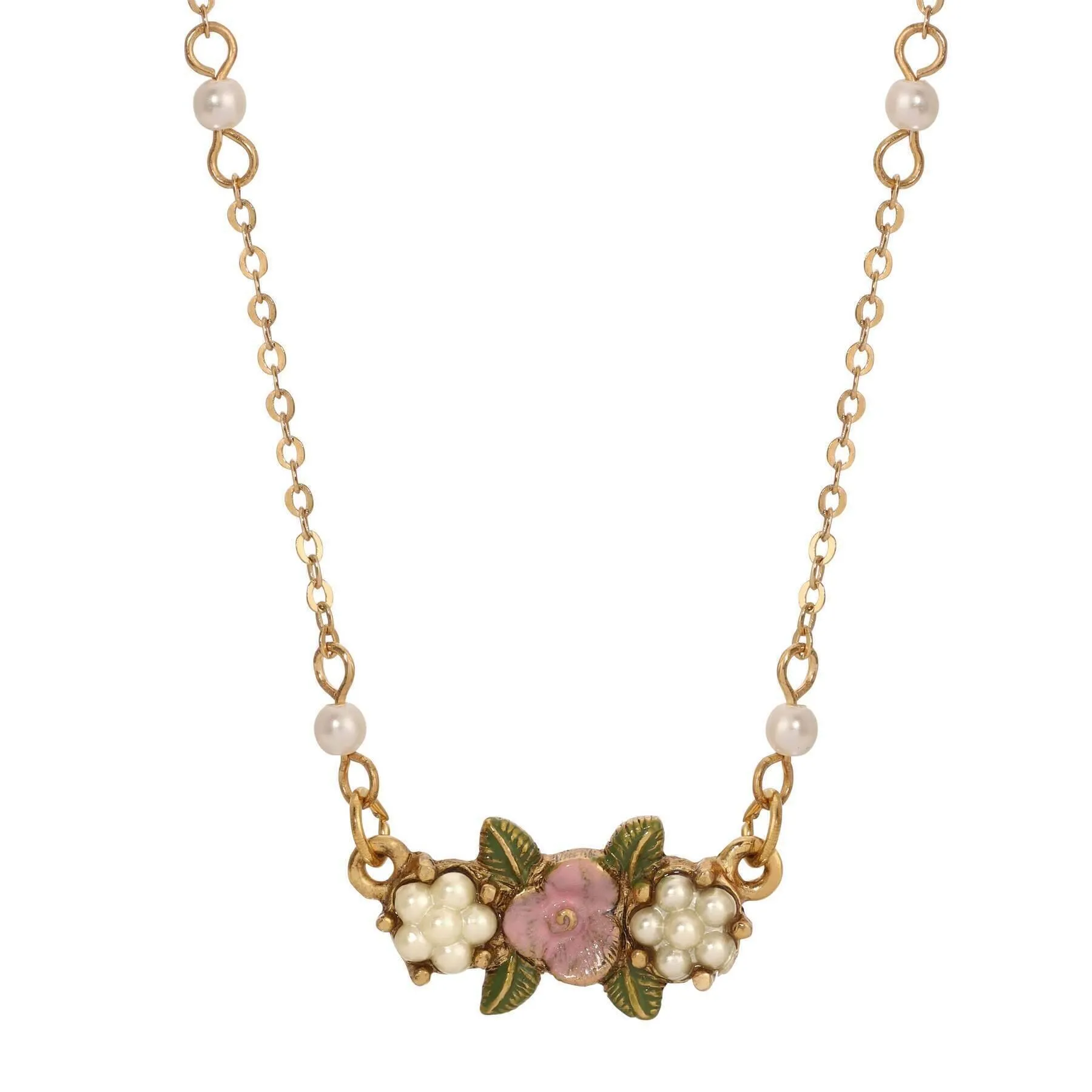 1928 Jewelry Pearly Eden Rose Enamel Faux Pearl Pendant Necklace 16"   3" Extender 1928 Jewelry