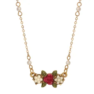 1928 Jewelry Pearly Eden Rose Enamel Faux Pearl Pendant Necklace 16"   3" Extender 1928 Jewelry