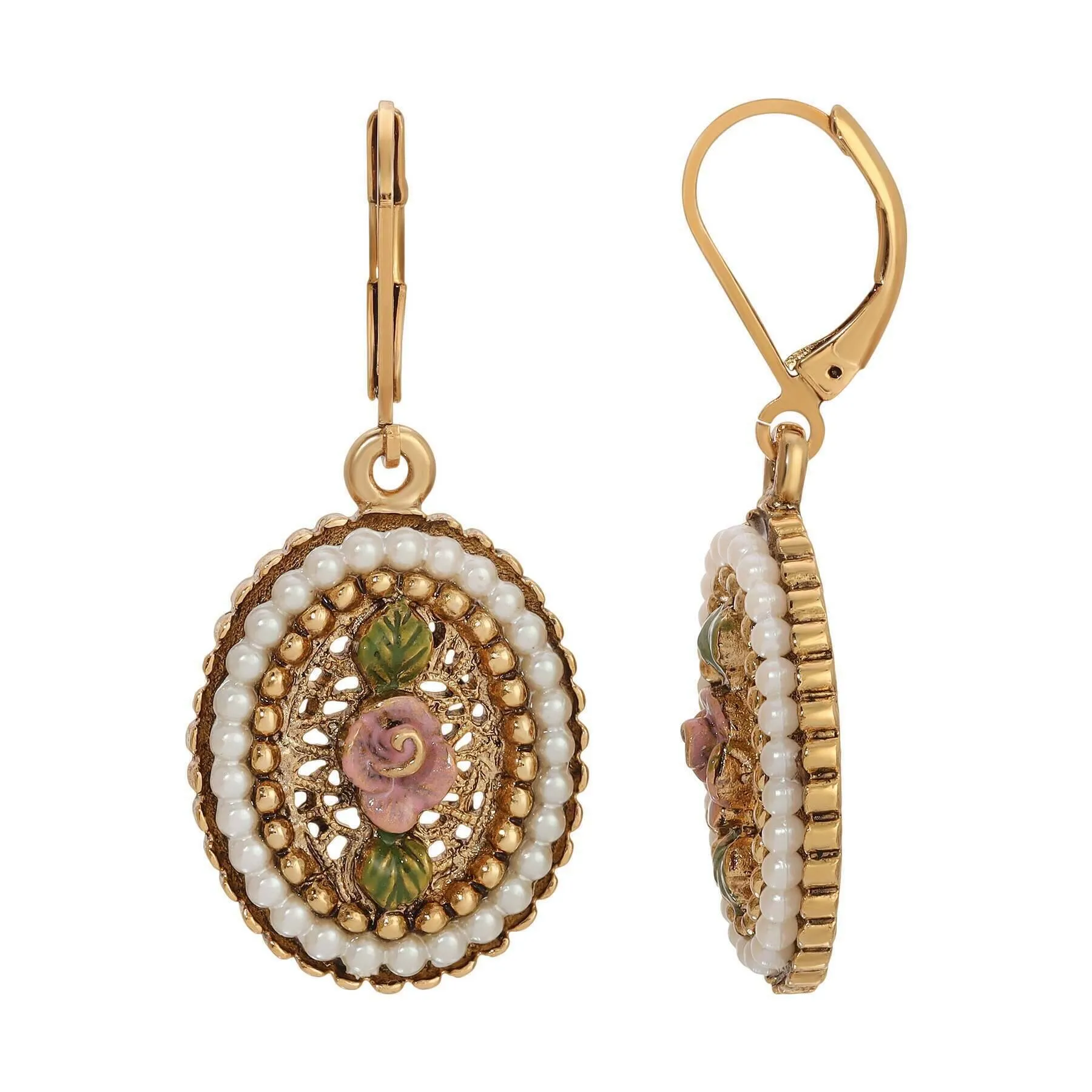 1928 Jewelry Pearly Eden Rose Enamel Faux Pearl Ring Drop Earrings 1928 Jewelry