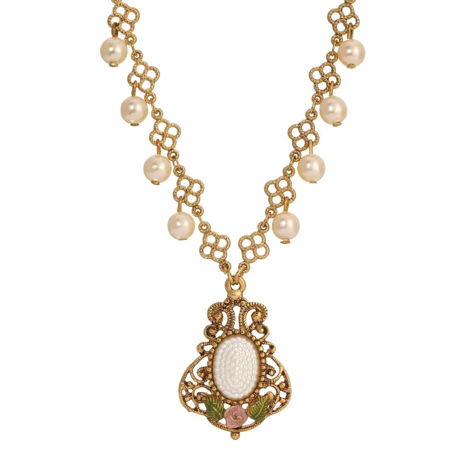 1928 Jewelry Pearly Eden Rose Enamel Filigree Pendant Necklace 16"   3" Extender 1928 Jewelry