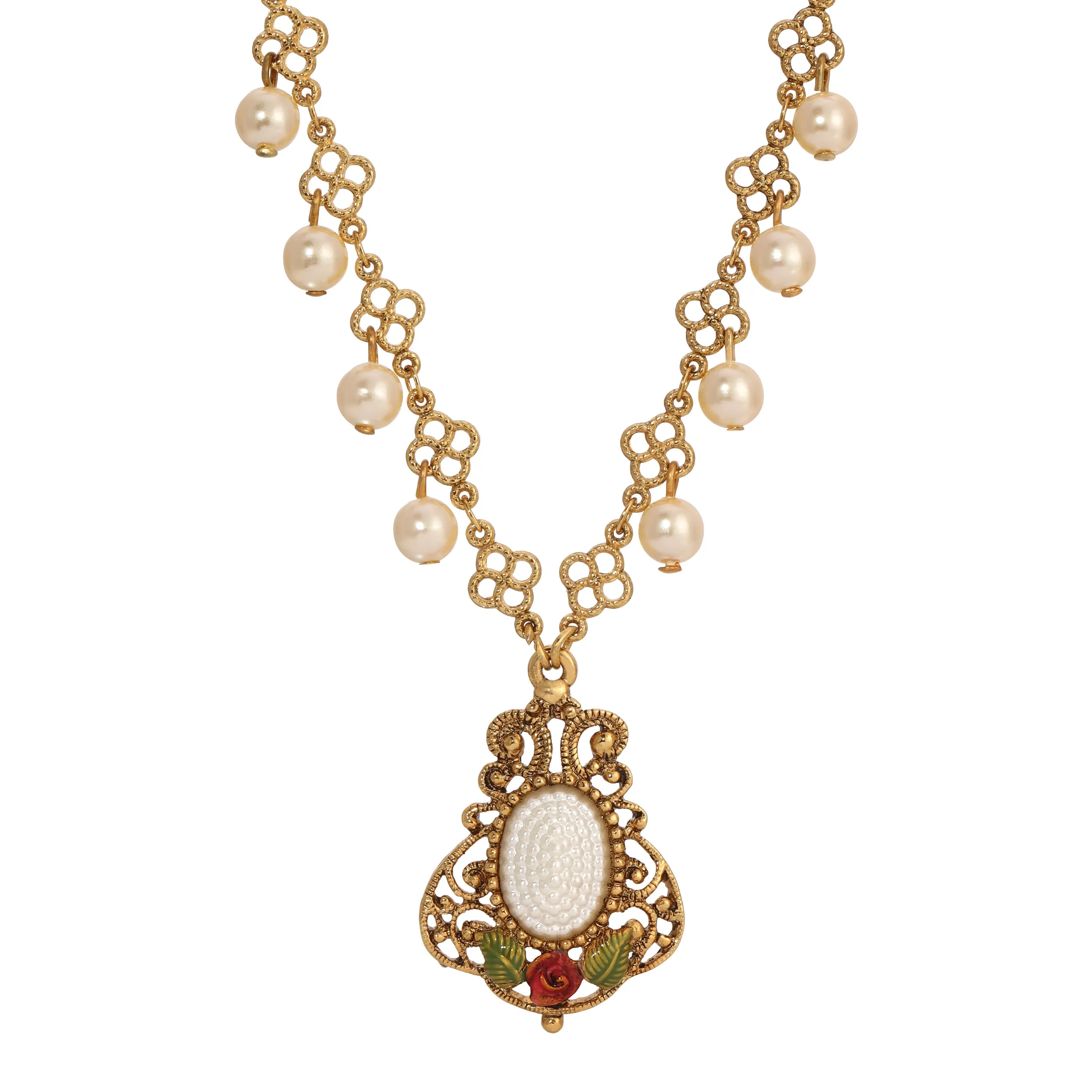 1928 Jewelry Pearly Eden Rose Enamel Filigree Pendant Necklace 16"   3" Extender 1928 Jewelry