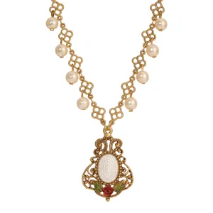 1928 Jewelry Pearly Eden Rose Enamel Filigree Pendant Necklace 16"   3" Extender 1928 Jewelry