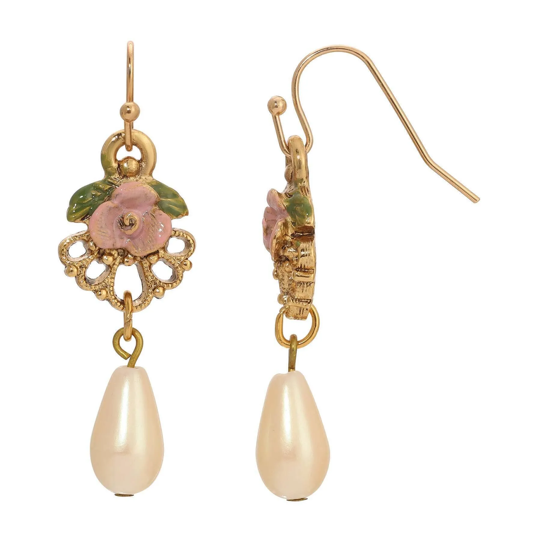 1928 Jewelry Pearly Eden Rose Enamel Teardrop Faux Pearl Dangle Earrings 1928 Jewelry