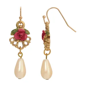 1928 Jewelry Pearly Eden Rose Enamel Teardrop Faux Pearl Dangle Earrings 1928 Jewelry