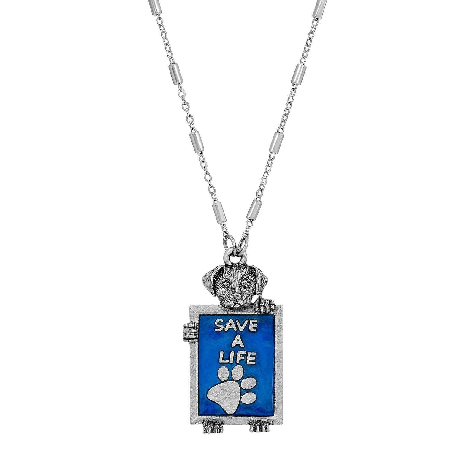 1928 Jewelry Pewter Dog Blue Enamel Save A Life Pendant Necklace 28" 1928 Jewelry