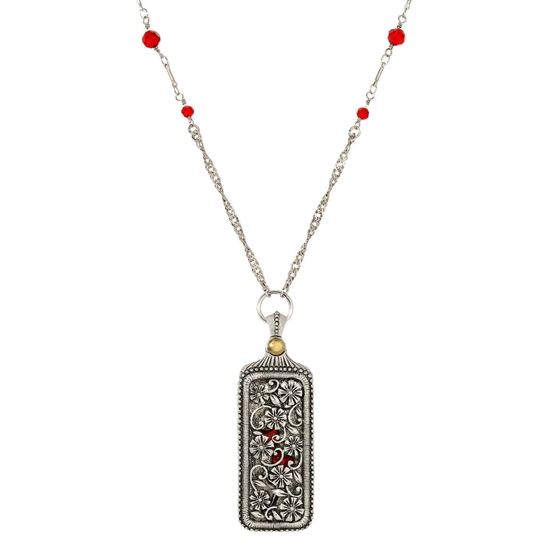 1928 Jewelry Pewter Floral Swinging Cover with Red Hearts Pendant Necklace 30" 1928 Jewelry