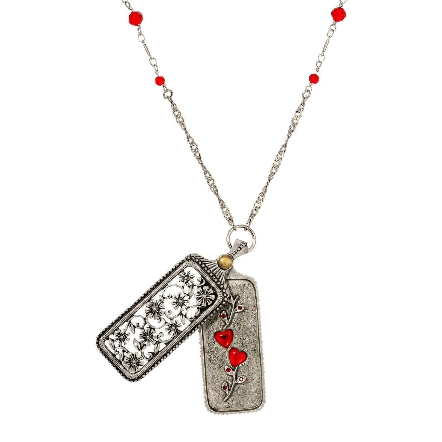 1928 Jewelry Pewter Floral Swinging Cover with Red Hearts Pendant Necklace 30" 1928 Jewelry