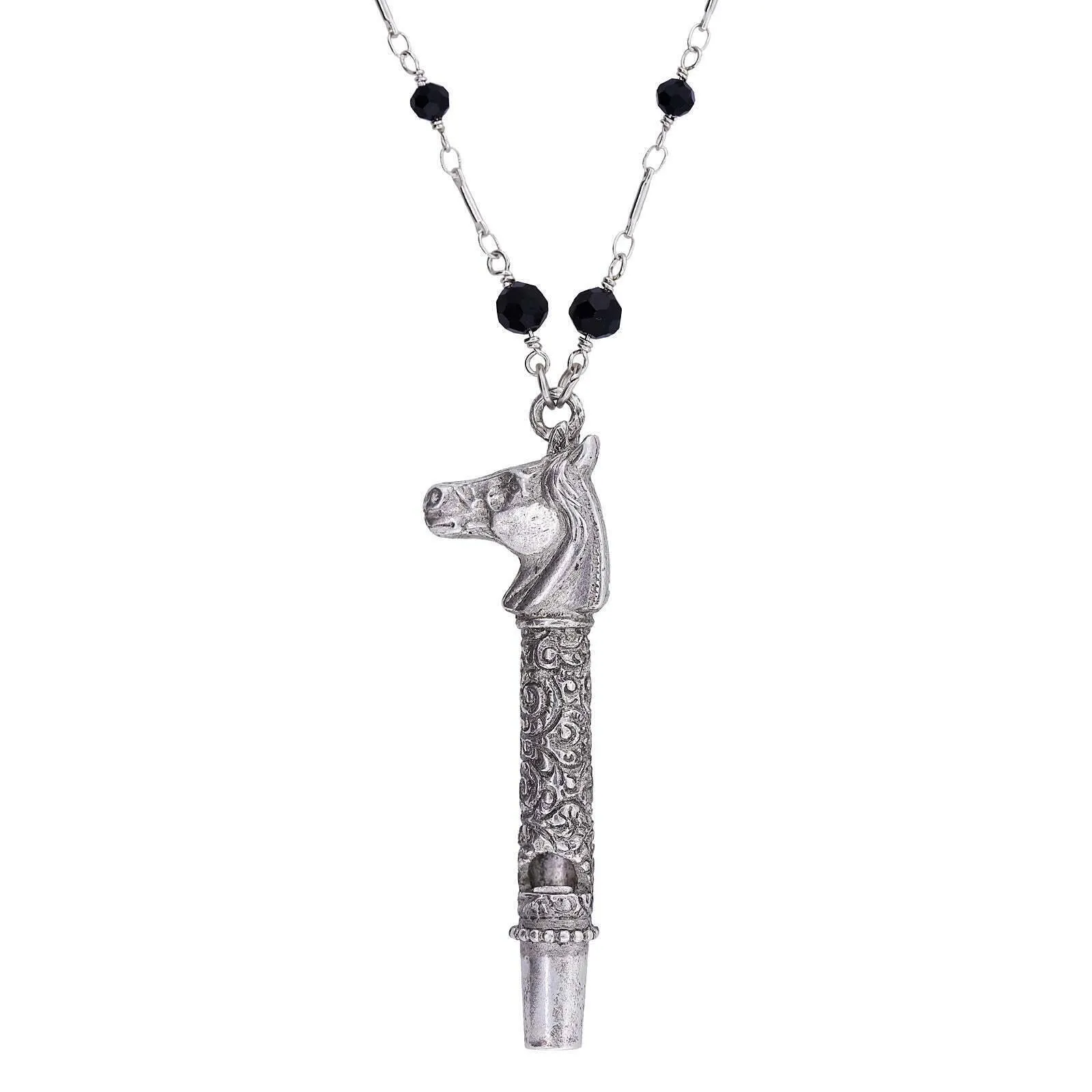1928 Jewelry Pewter Horse Head Whistle Black Beaded Necklace 30" 1928 Jewelry