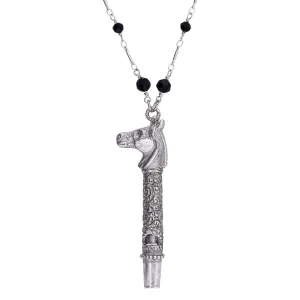 1928 Jewelry Pewter Horse Head Whistle Black Beaded Necklace 30" 1928 Jewelry