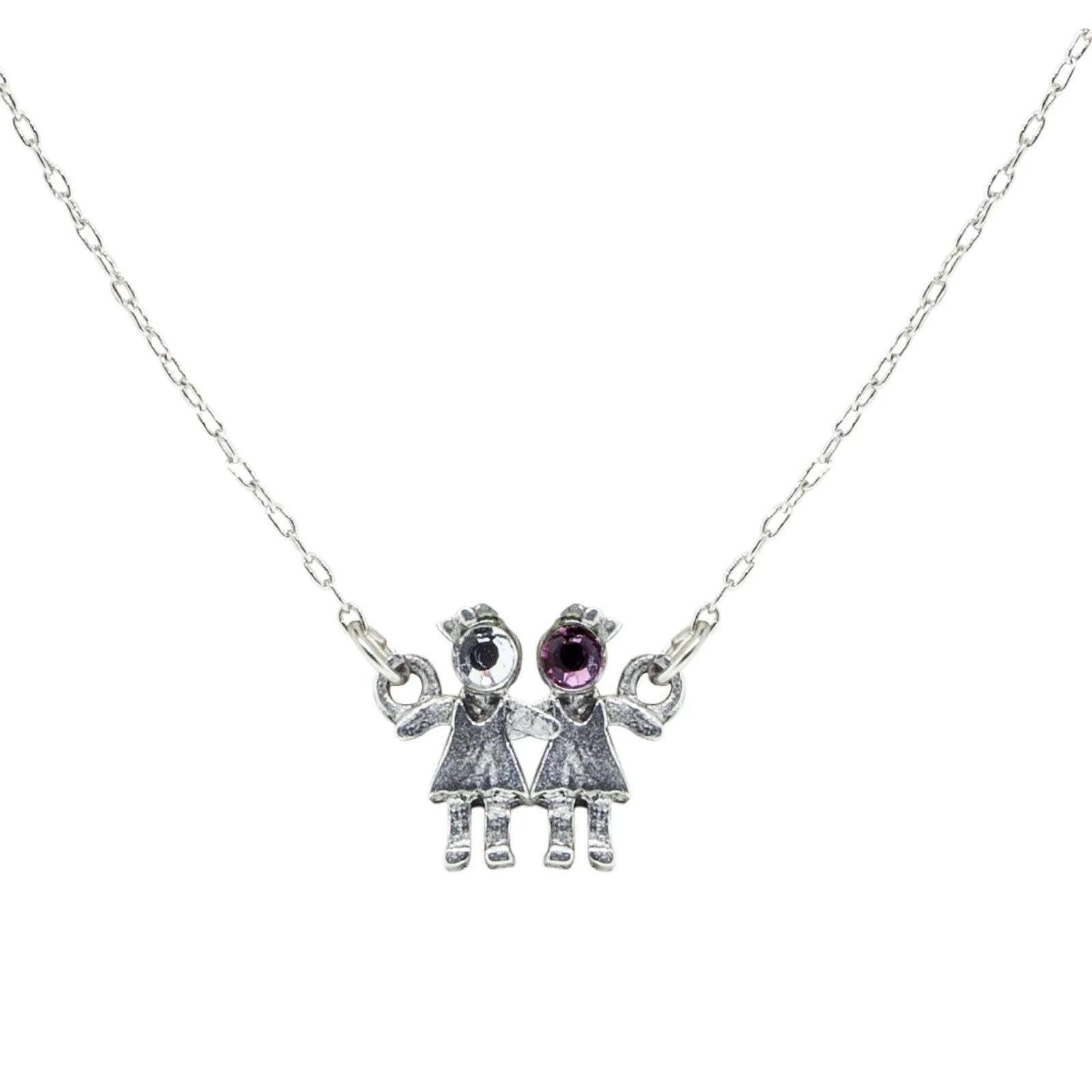 1928 Jewelry Pewter With Crystal 2 Girls Holding Hands Pendant Necklace 16" 1928 Jewelry