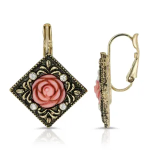 1928 Jewelry Pink Carved Rose With Crystal Accents Diamond-Shape Drop Earrings 1928 Jewelry