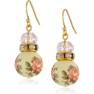 1928 Jewelry Pink Desert Rose Floral Decal Beaded Drop Earrings 1928 Jewelry