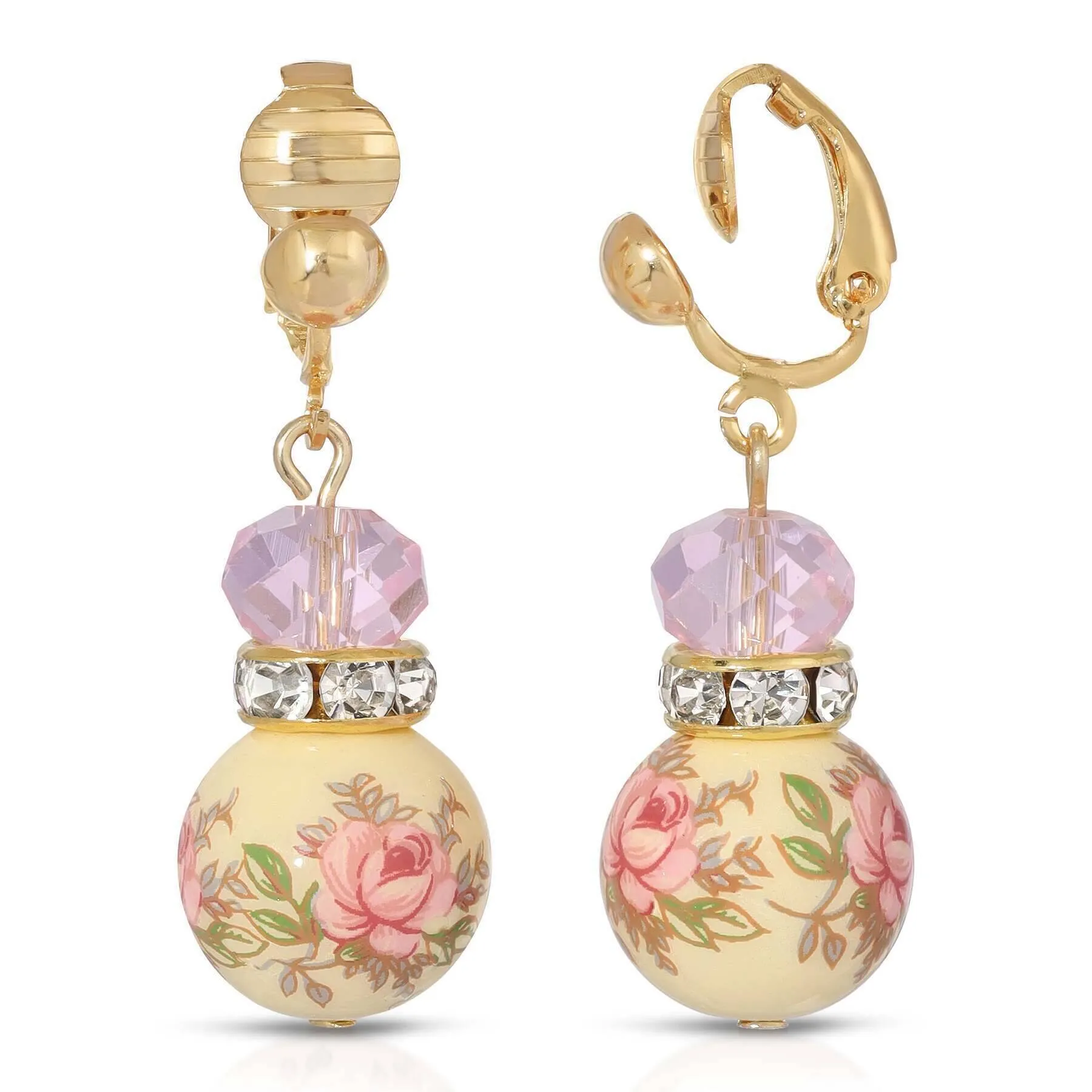 1928 Jewelry Pink Floral Decal Beaded Drop Clip On Earrings 1928 Jewelry