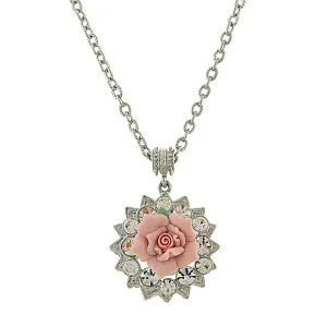 1928 Jewelry Pink Porcelain Rose Crystal Accent Pendant Necklace 16"   3" Extender 1928 Jewelry