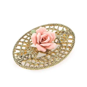 1928 Jewelry Pink Porcelain Rose Filigree Brooch 1928 Jewelry