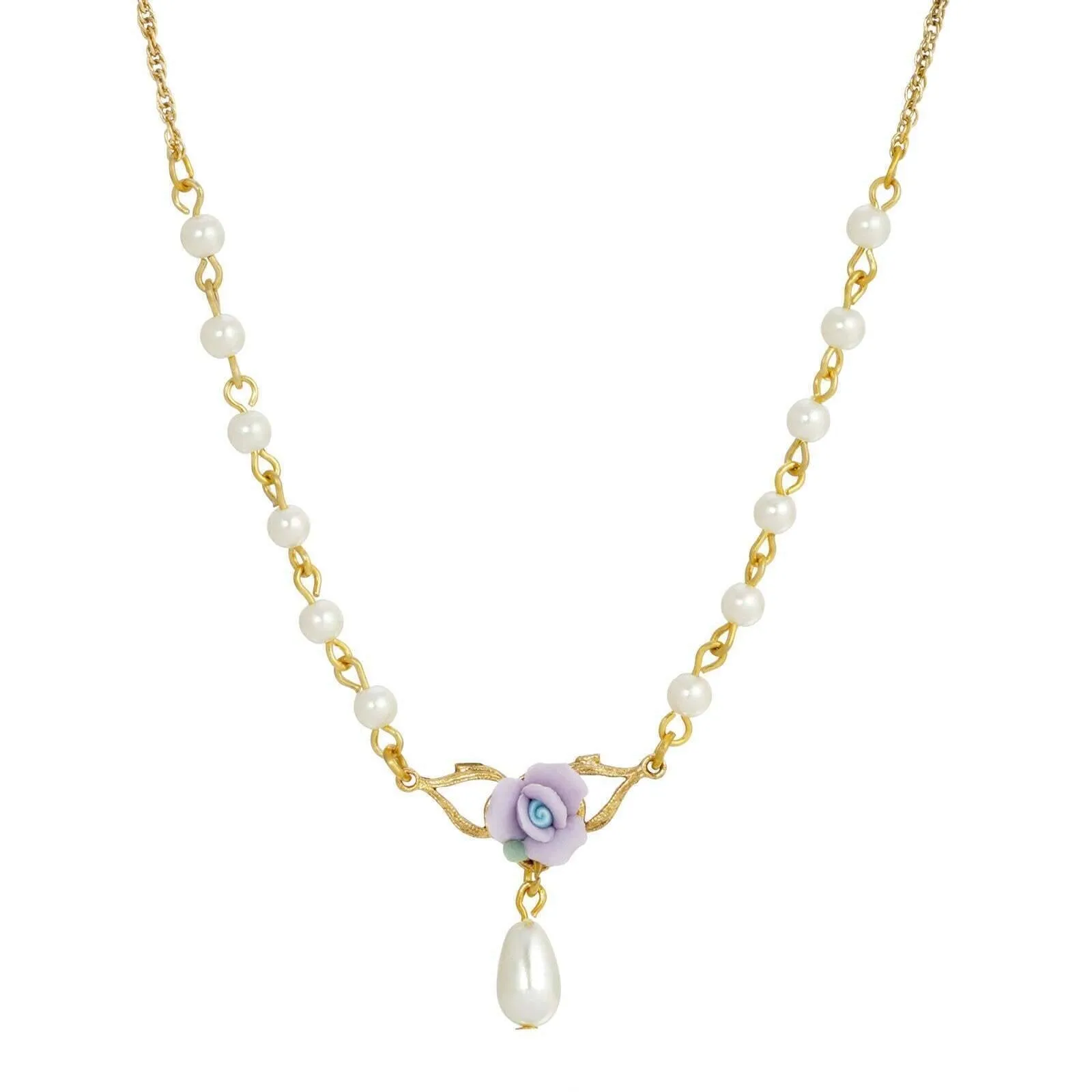 1928 Jewelry Porcelain Rose 4mm Faux Pearl Drop Necklace 16"   3" Extender 1928 Jewelry