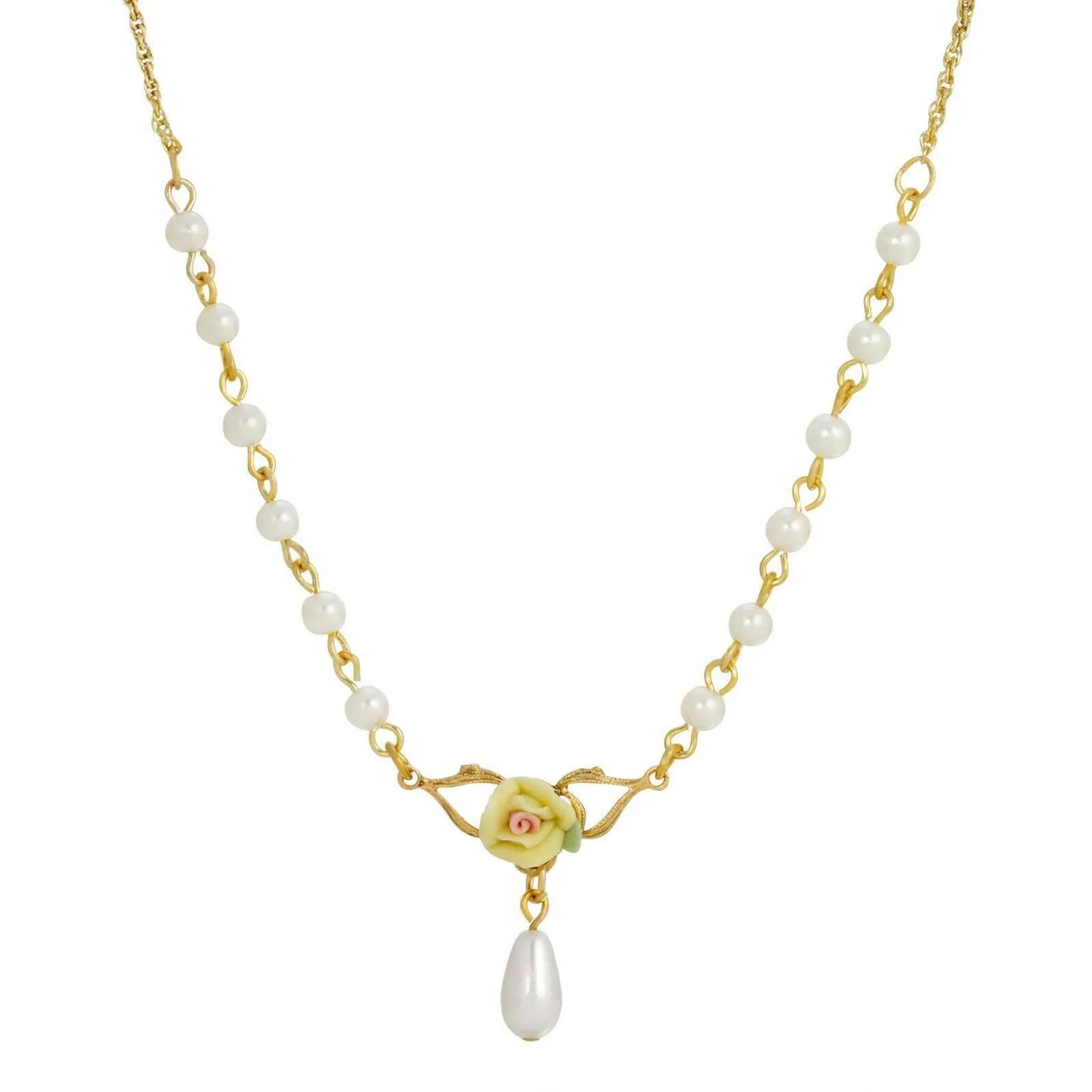 1928 Jewelry Porcelain Rose 4mm Faux Pearl Drop Necklace 16"   3" Extender 1928 Jewelry