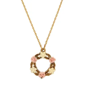 1928 Jewelry Porcelain Rose & Faux Pearl Flowers Pendant Necklace 16"   3" Extension 1928 Jewelry