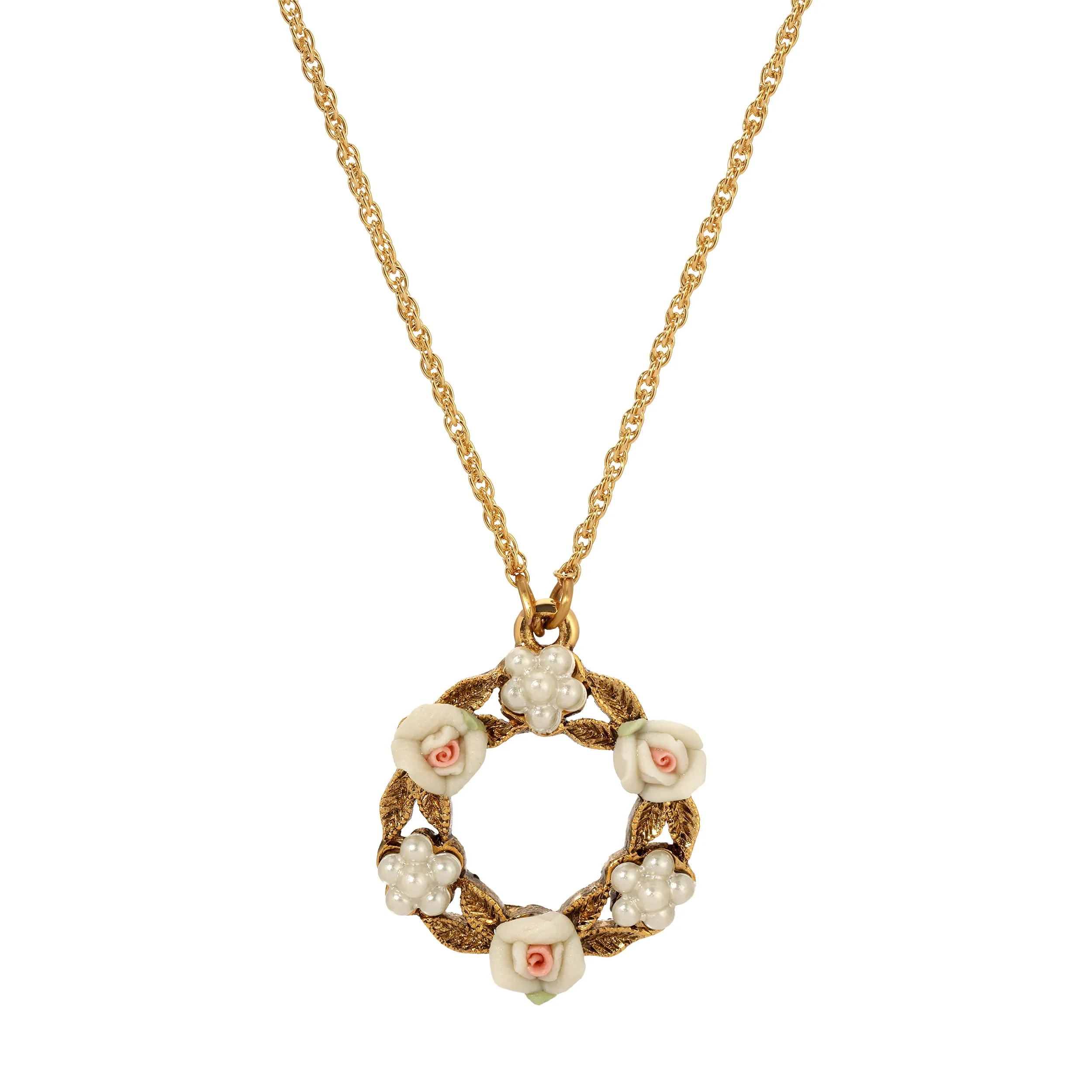 1928 Jewelry Porcelain Rose & Faux Pearl Flowers Pendant Necklace 16"   3" Extension 1928 Jewelry