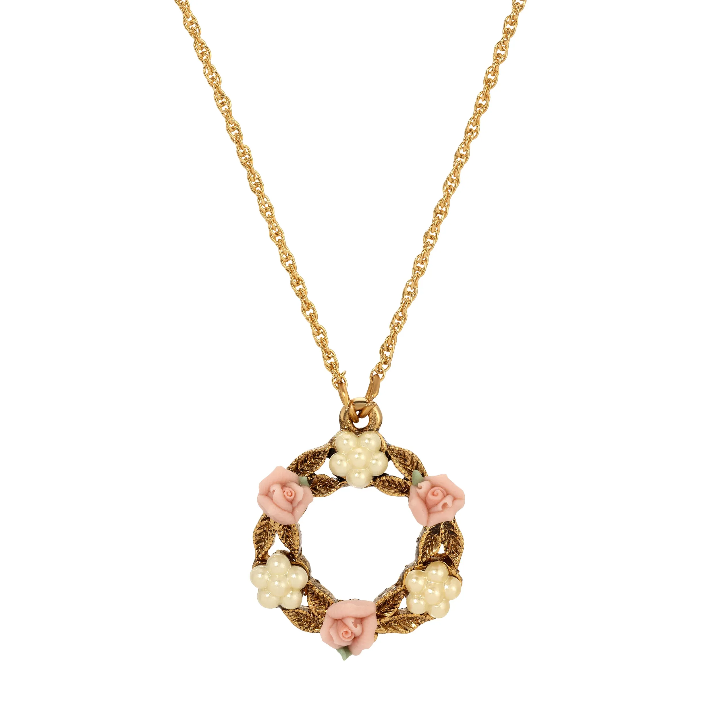 1928 Jewelry Porcelain Rose & Faux Pearl Flowers Pendant Necklace 16"   3" Extension 1928 Jewelry