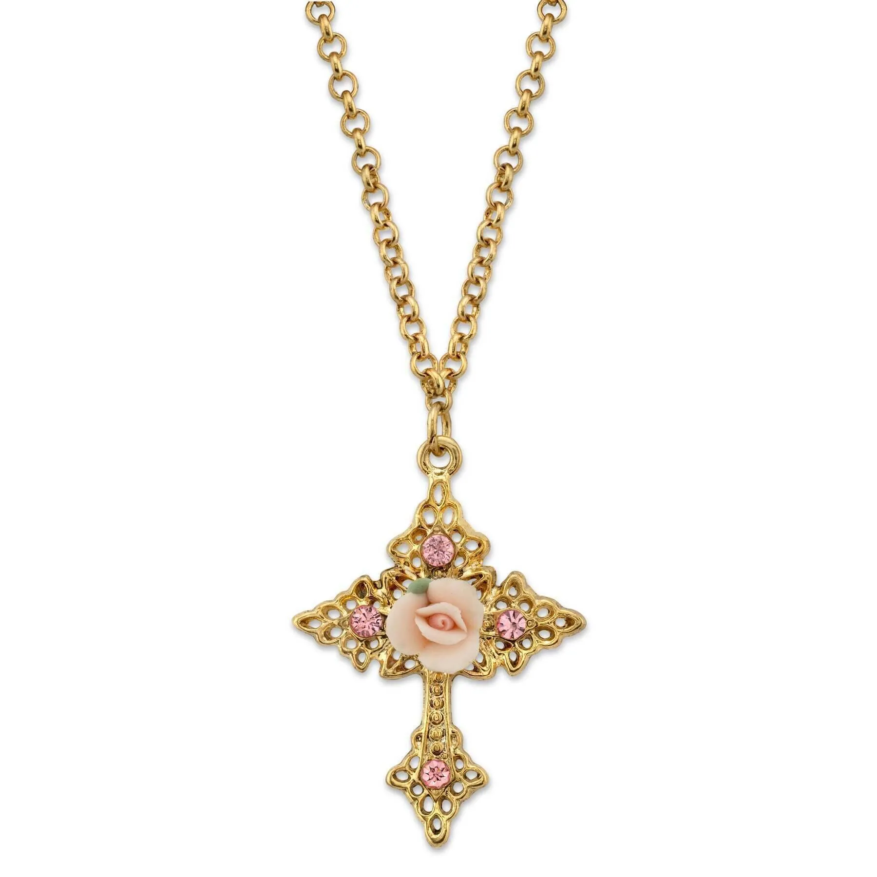 1928 Jewelry Porcelain Rose Cross Filigree Pendant Necklace 18"   3" Extender 1928 Jewelry