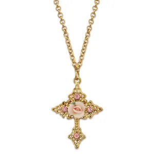 1928 Jewelry Porcelain Rose Cross Filigree Pendant Necklace 18"   3" Extender 1928 Jewelry