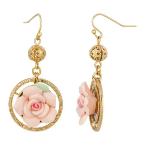 1928 Jewelry Porcelain Rose Filigree Bead Drop Earrings 1928 Jewelry