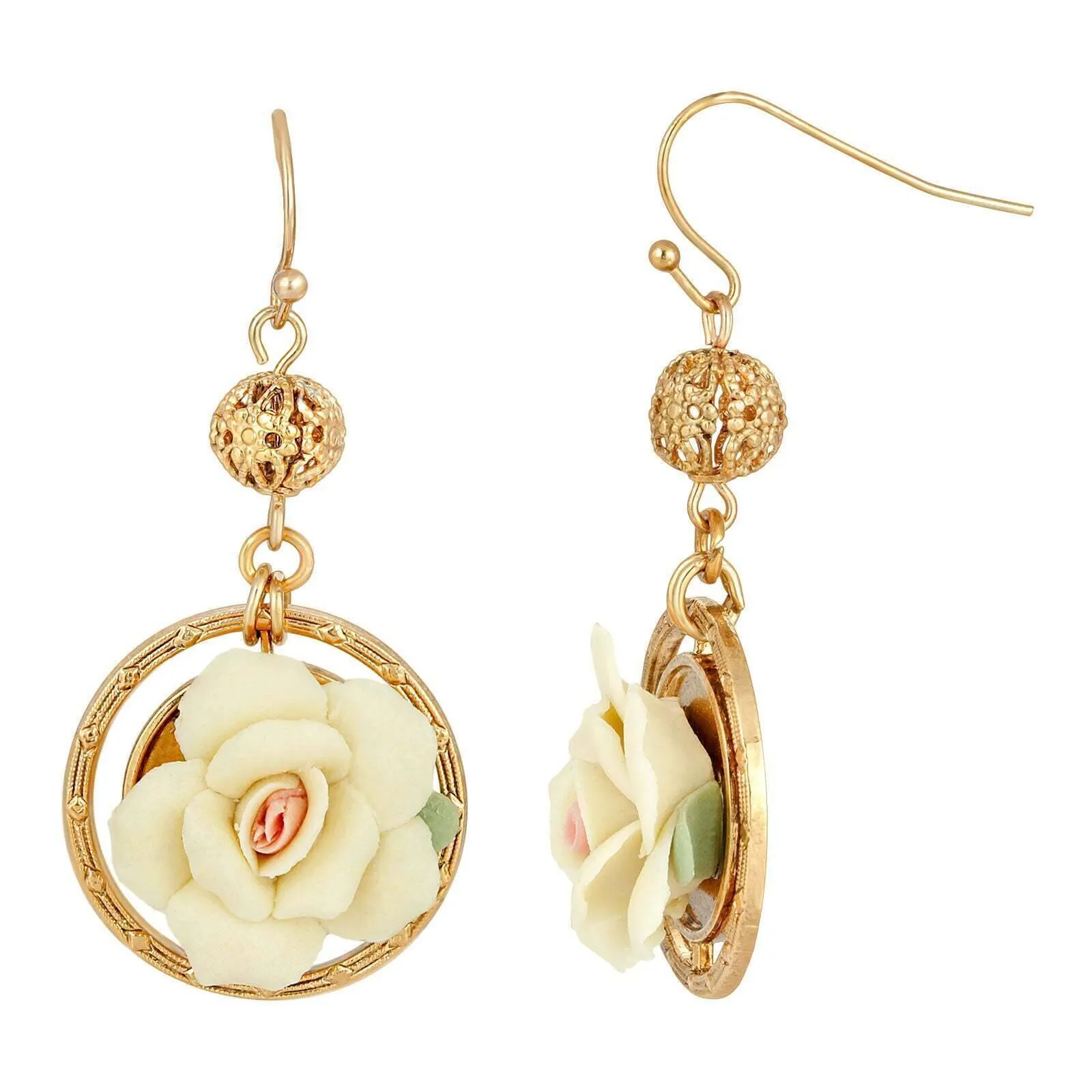1928 Jewelry Porcelain Rose Filigree Bead Drop Earrings 1928 Jewelry