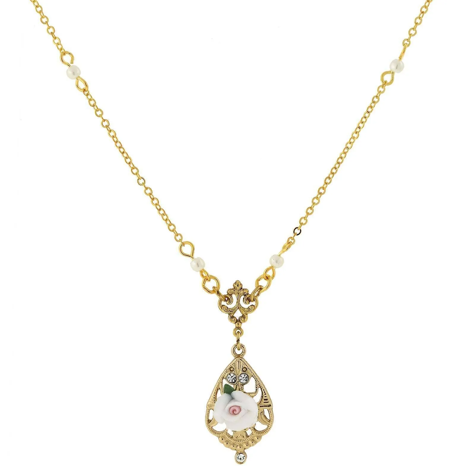 1928 Jewelry Porcelain Rose With Crystal Accent Pendant Necklace 17" 1928 Jewelry