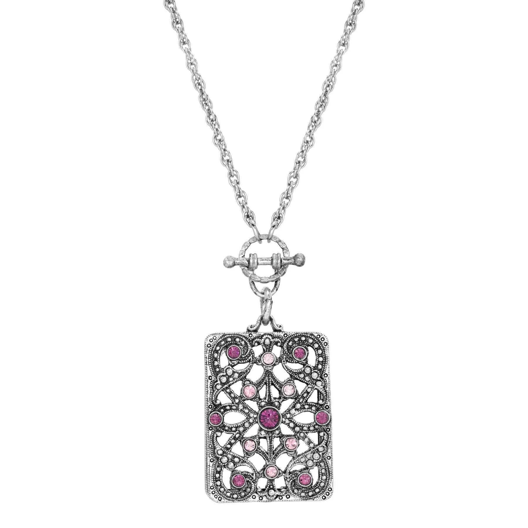 1928 Jewelry Purple Amethyst Crystal Filigree Mirror Pendant Necklace 28" 1928 Jewelry
