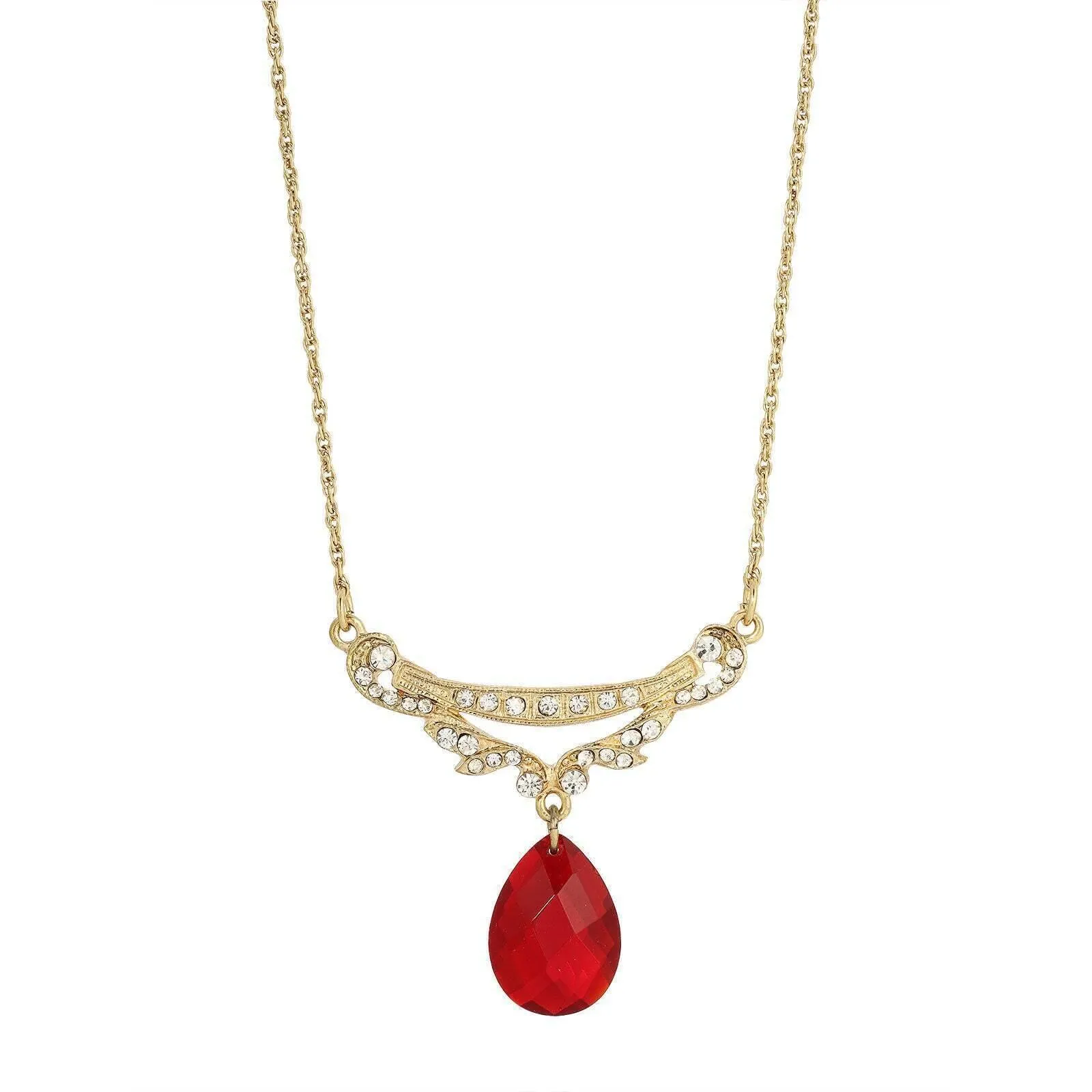 1928 Jewelry Red Teardrop Crystal Edwardian Swag Shaped Collar Necklace 16"   3" Extender 1928 Jewelry