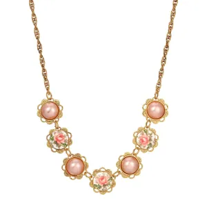 1928 Jewelry Rosabella Raspberry Faux Pearls & Garden Pink Rose Necklace 15"   3" Extension 1928 Jewelry
