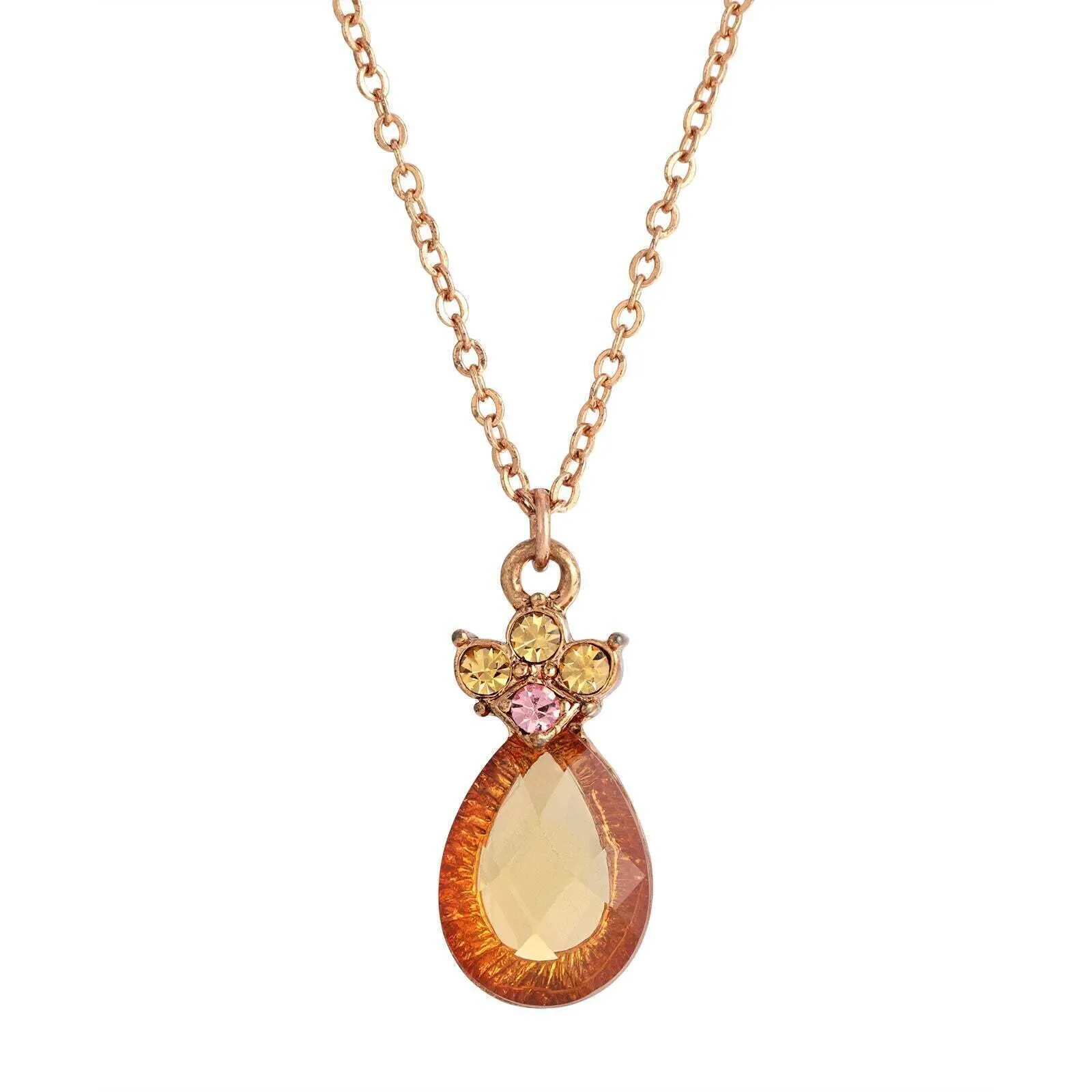 1928 Jewelry Rose Pink Crystal Teardrop Pendant Necklace 16"   3" Extender 1928 Jewelry