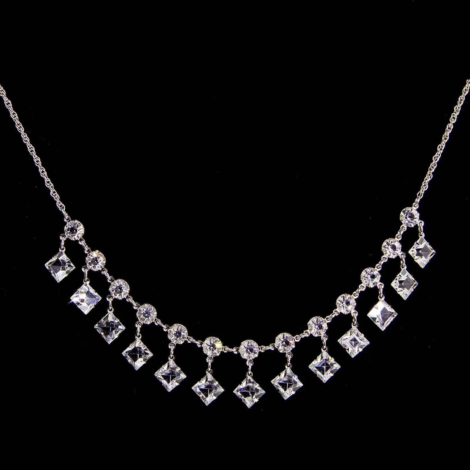 1928 Jewelry Round And Square Drop Austrian Crystal Necklace 15" 1928 Jewelry